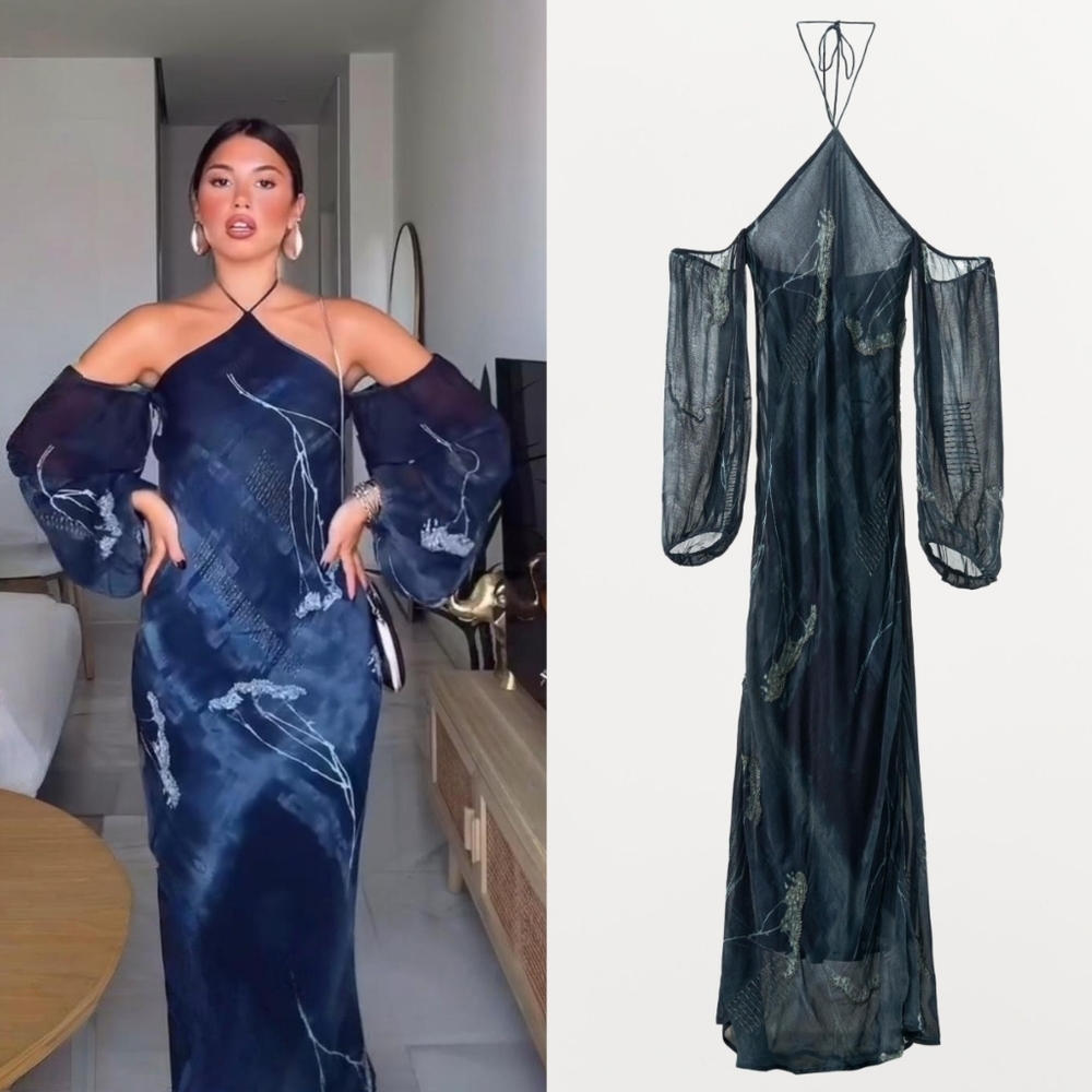 NWT Zara Lingerie Blue Beaded Metalluc Thread Halter Maxi Dress
